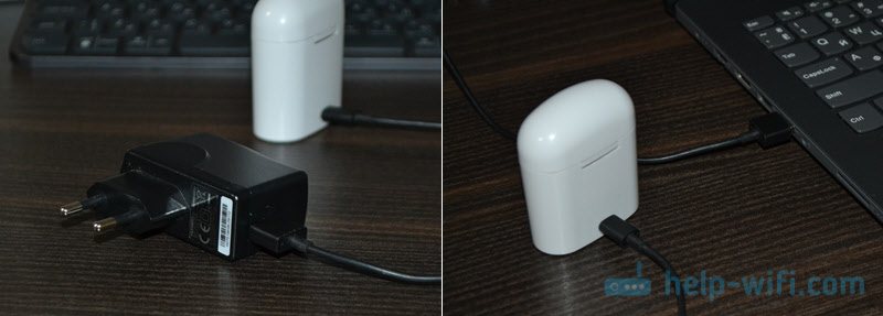 Charging wireless headphones from an outlet through an adapter, computer, power bank