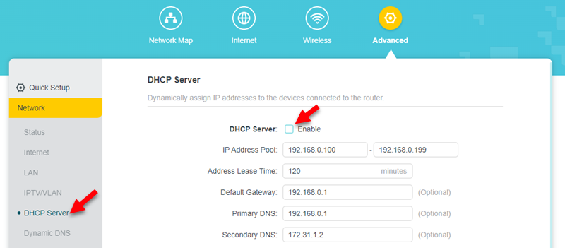 Отключение DHCP-сервера на роутере