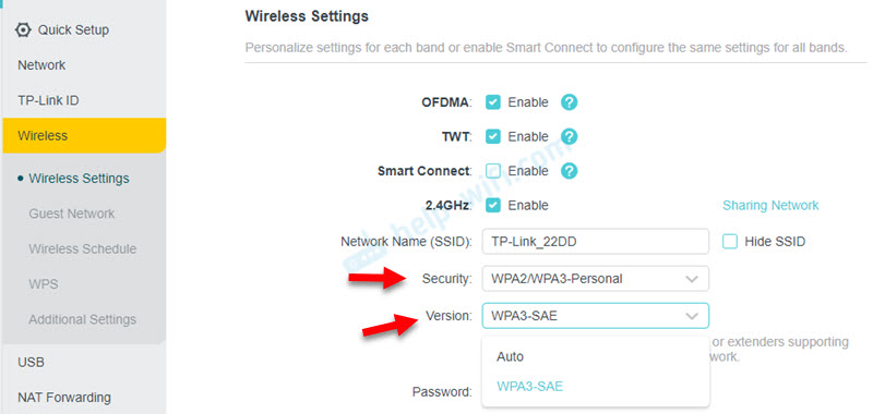 Выбор версии шифрования WPA3-SAE при включении WPA3