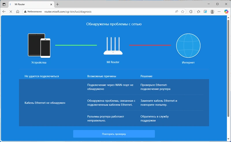 Xiaomi Mi WiFi Router: не удается подключиться, кабель Ethernet не обнаружен